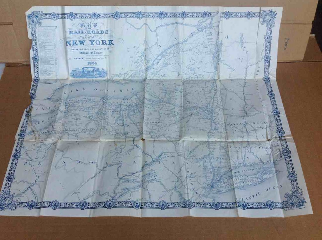 1864 FOLDING MAP OF THE RAILROADS OF NEW YORK, SOME: 1864 FOLDING MAP OF THE RAILROADS OF NEW YORK, SOME CREASE TEARS AND SOME OD TAPE ON SOME CREASES. MEASURES 25" X 29". WEED, PARSONS & CO. ALBANY, N.Y.