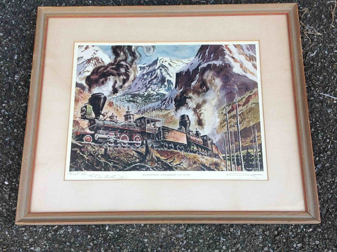 OTTO KUHLER SIGNED PRINT TITLED BIG MOUNTAINS LITTLE: OTTO KUHLER SIGNED PRINT TITLED BIG MOUNTAINS LITTLE ENGINES D.S.P. & R.P.P., PRINT 360, FRAME MEASURES 20" X 24", AS PICTURED
