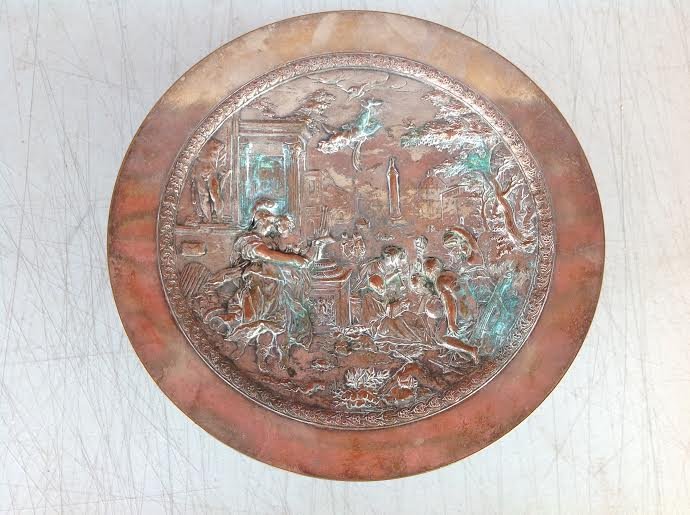 F BARRE DIENNE BRONZE SILVER PLATED FOOTED COMPOTE,: F BARRE DIENNE BRONZE SILVER PLATED FOOTED COMPOTE, WITH CLASSICAL SCENE, WINGED WOMEN WITH CLAW FEET. HAS WEAR TO SILVER PLATE, AS SHOWN, GOOD WEIGHT. MEASURES 11" ACROSS, AND 4" HIGH. SIGNED ON BOTT
