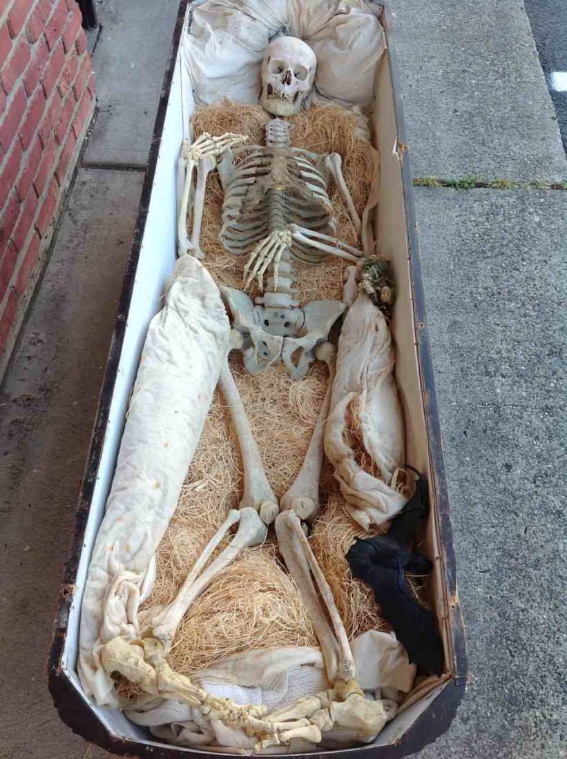 ODD FELLOW COFFIN WITH REAL HUMAN SKEKETON, FROM CLOSED: ODD FELLOW COFFIN WITH REAL HUMAN SKEKETON, FROM CLOSED SOUTHERN NY LODGE, SKELETON APPEARS TO BE COMPLETE, COFFIN MEASURES 74" X 22".
