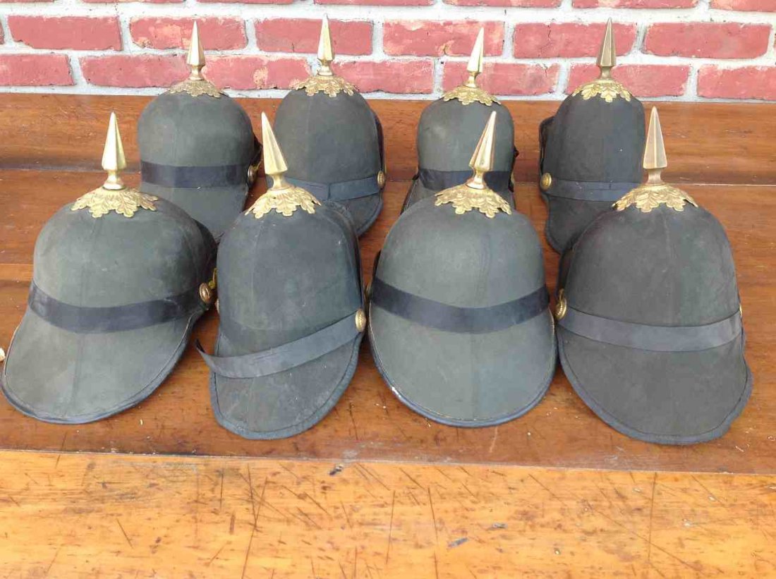ODD FELLOW (8) EARLY HELMETS WITH BRASS SPIKES, AND: ODD FELLOW (8) EARLY HELMETS WITH BRASS SPIKES, AND DECORATED BACKS. FROM CLOSED LODGE IN SOUTHERN, NY.