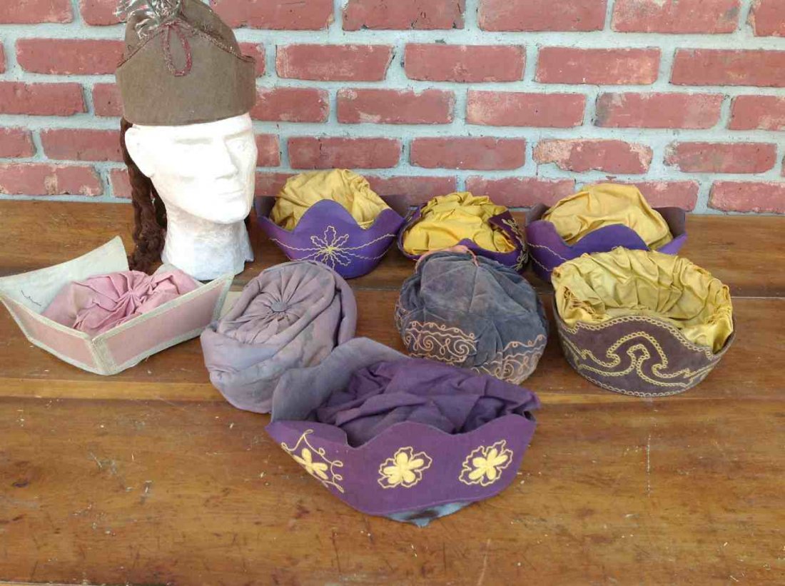 ODD FELLOW (9) EARLY CEREMONIAL HATS, SOME WITH MORE: ODD FELLOW (9) EARLY CEREMONIAL HATS, SOME WITH MORE WEAR THAN OTHERS, FROM CLOSED LODGE IN SOUTHERN, N.Y.