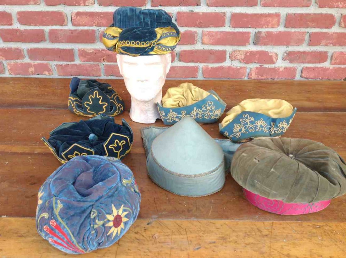 ODD FELLOW (8) EARLY CEREMONIAL HATS, SOME VERY NICELY: ODD FELLOW (8) EARLY CEREMONIAL HATS, SOME VERY NICELY EMBROIDERED. FROM CLOSED SOUTHERN N.Y. LODGE. SOME WITH MORE WEAR THAN OTHERS.