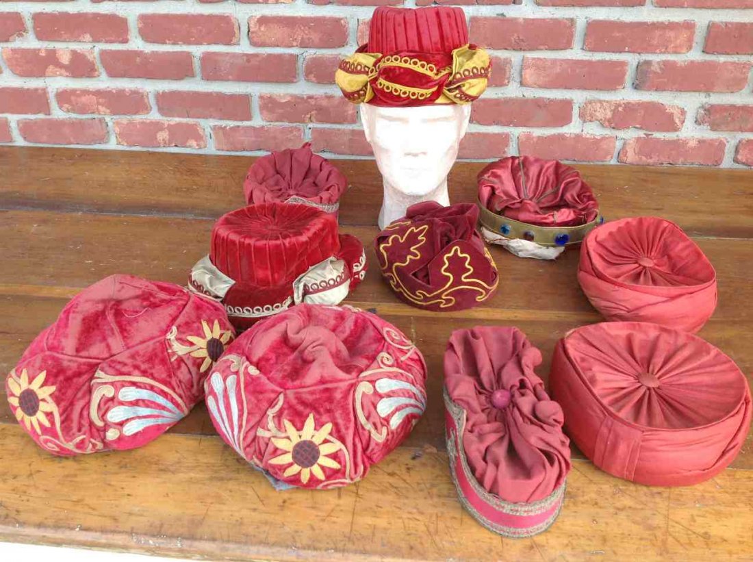 ODD FELLOW (10) EARLY CEREMONIAL HATS, SOME NICELY: ODD FELLOW (10) EARLY CEREMONIAL HATS, SOME NICELY EMBROIDERED, SOME WITH TATTERING AND LOOSE MATERIAL. FROM CLOSED SOUTHERN, N.Y. LODGE.