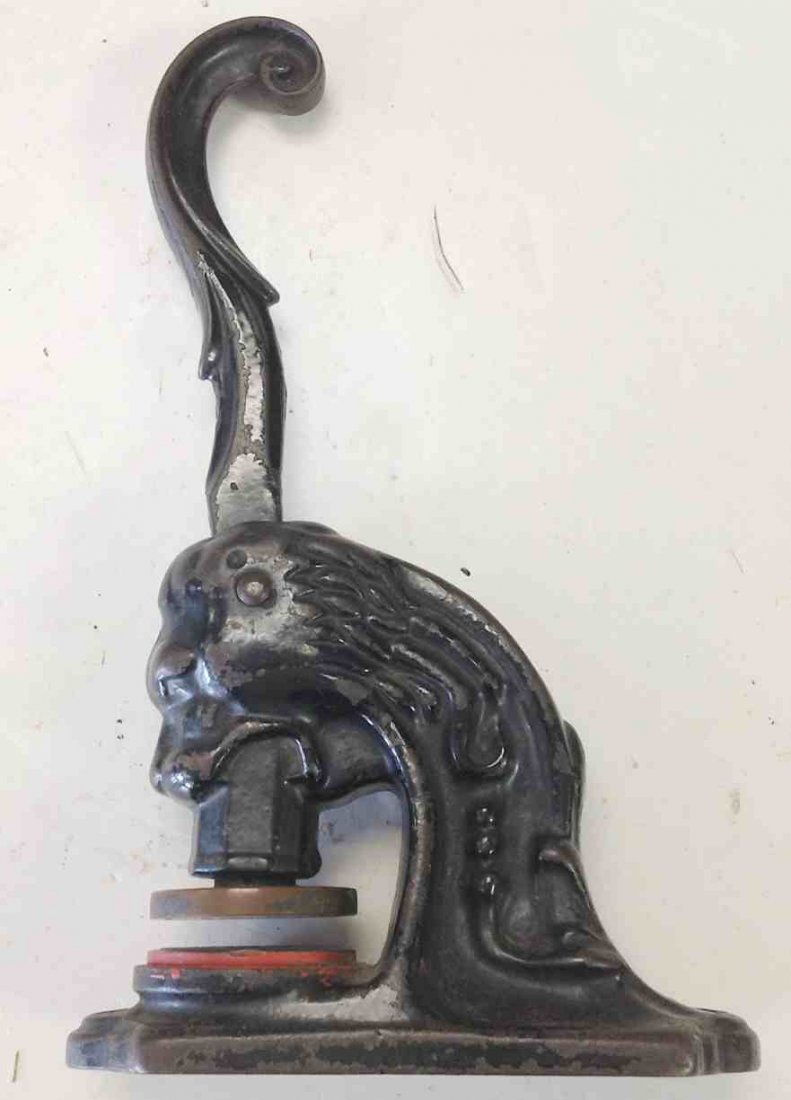 ODD FELLOW CAST IRON SEAL WITH FIGURAL LION HEAD,: ODD FELLOW CAST IRON SEAL WITH FIGURAL LION HEAD, MEASURES 11" HIGH, FROM CLOSED LODGE IN SOUTHERN, N.Y.