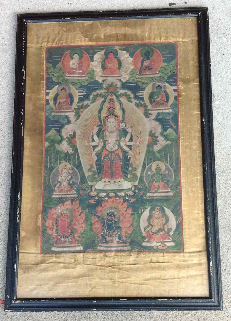 EARLY ASIAN HAND PAINTED (?) CEREMONIAL PICTURE, OF: EARLY ASIAN HAND PAINTED (?) CEREMONIAL PICTURE, OF MANY FIGURES, AROUND CENTRAL FIGURE. CAN NOT SEE ANY SIGNATURE, FROM OLD ESTATE IN HUDSON VALLEY, FRAME MEASURES 33" X 22".