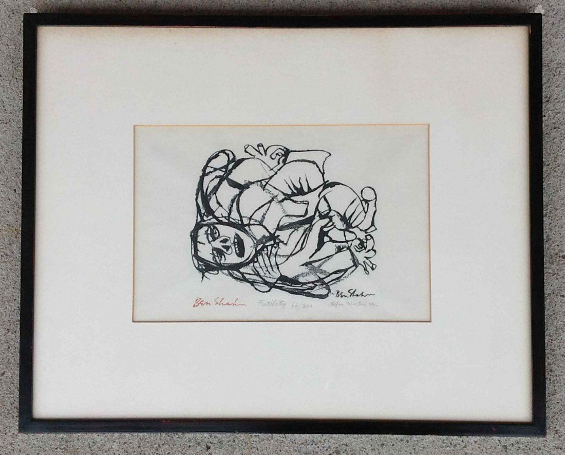 BEN SHAHN SIGNED WOODBLOCK PRINT, TITLED FUTILITY,: BEN SHAHN SIGNED WOODBLOCK PRINT, TITLED FUTILITY, STEFAN MARTIN IS ENGRAVER, SHAHN SIGNED IN RED BRUSH, MARTIN IN PENCIL IMAGE MEASURES 6 1/2" X 9". VERY NICE CONDITION.