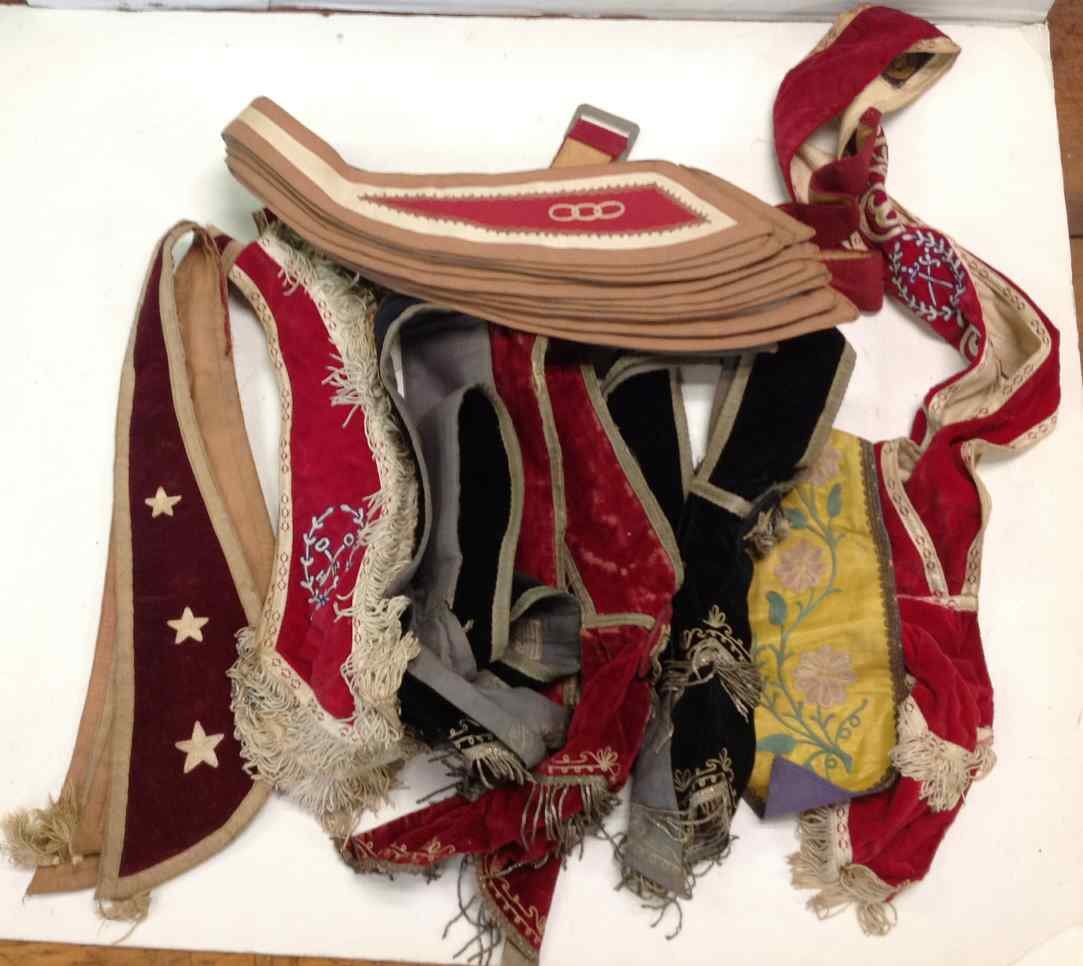ODD FELLOW (28) CEREMONIAL SASHES, SOME VERY NICE: ODD FELLOW (28) CEREMONIAL SASHES, SOME VERY NICE EMBROIDERED ONES, FROM CLOSED LODGE IN SOUTHERN, N.Y.