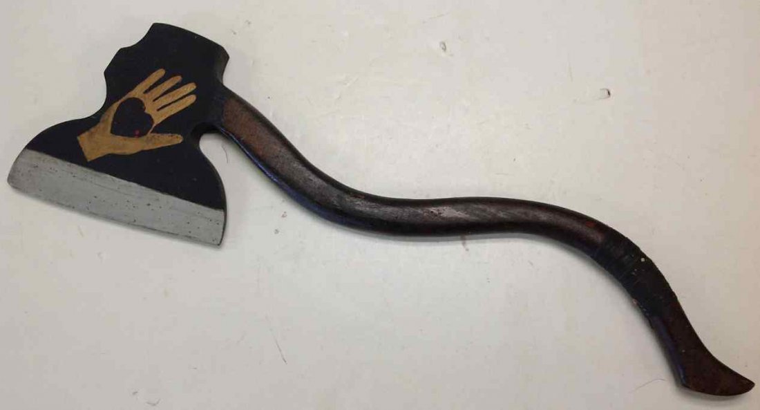ODD FELLOW FOLK ART CARVED CEREMONIAL AXE, HAS OLD: ODD FELLOW FOLK ART CARVED CEREMONIAL AXE, HAS OLD SPLIT ON WOOD HANDLE, WITH OLD TAPE ON IT, MEASURES 33" TOP TO BOTTOM, FROM CLOSED LODGE IN SOUTHERN, N.Y.