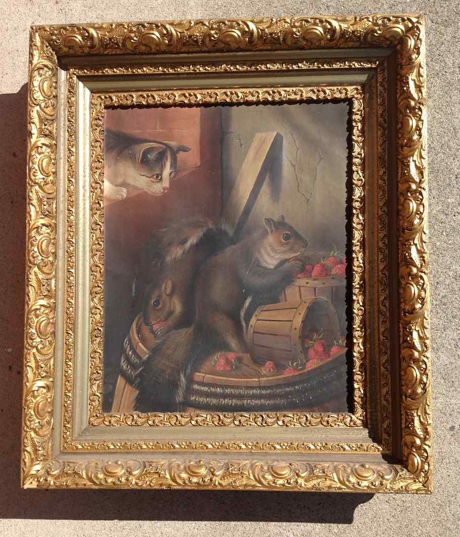 19TH c O/C SQUIRRELS EATING STRAWBERRIES IN BASKETS, ON: 19TH c O/C SQUIRRELS EATING STRAWBERRIES IN BASKETS, ON A BARREL, WITH CAT WATCHING ON A LEDGE OVERHEAD. UNSIGNED, PERIOD GOLD FRAME, CANVAS MEASURES 20" X 16", HAS A MINOR SLIT ON CAT. WONDERFUL PAIN