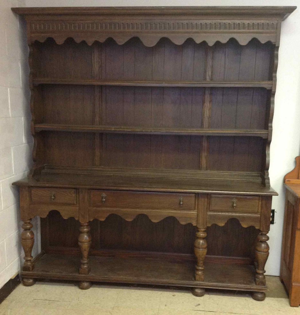ETHAN ALLEN 2 PC. WILLIAM & MARY STYLE HUTCH, OPEN: ETHAN ALLEN 2 PC. WILLIAM & MARY STYLE HUTCH, OPEN SHELVES ON TOP, WITH 3 DRAWERS ON BASE. HEAVY AND WELL MADE, MEASURES 78" HIGH X 72" WIDE AND 17" DEEP AT BASE.
