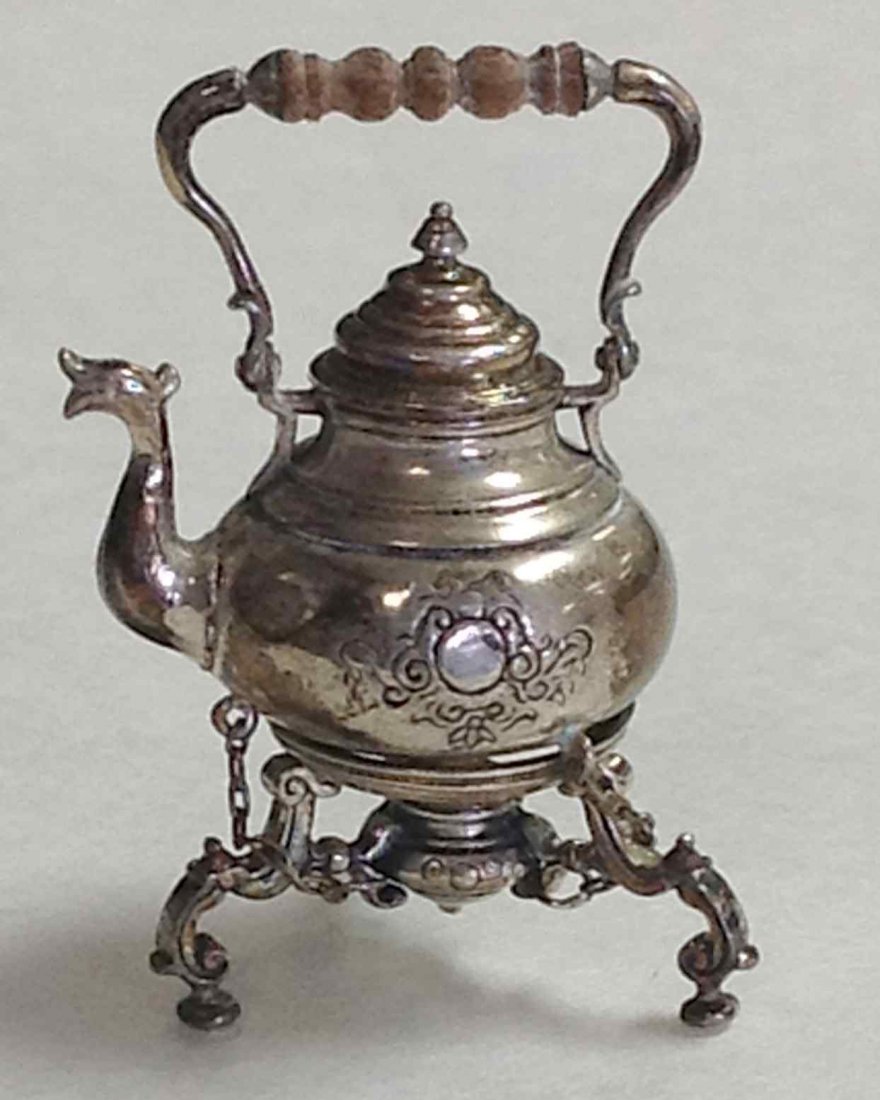 OBADIAH FISHER MINIATURE STERLING HOT WATER KETTLE ON A: OBADIAH FISHER MINIATURE STERLING HOT WATER KETTLE ON A STAND, FROM PRIVATE COLLECTION.