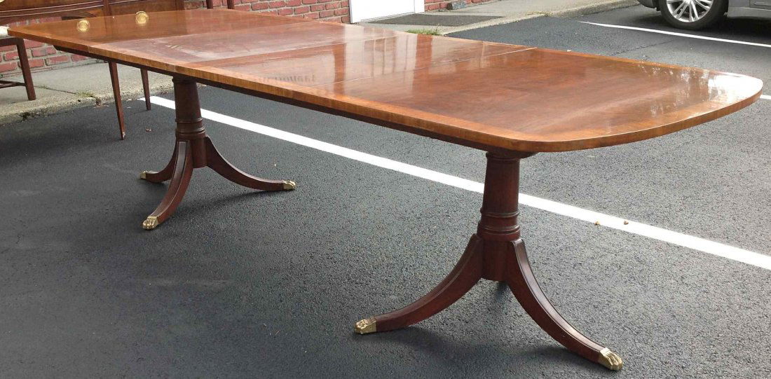 MAHOGANY INLAID DUNCAN PHYFE FORMAL DINING TABLE & 8: MAHOGANY INLAID DUNCAN PHYFE FORMAL DINING TABLE & 8 CHIPPENDALE STYLE CHAIRS, VERY CLEAN, FROM HURLEY NY ESTATE, MADE BY WHITE FURNITURE CO, WITH 2 LEAVES TABLE MEASURES 112" X 42 1/4", 8 CHAIRS INCL