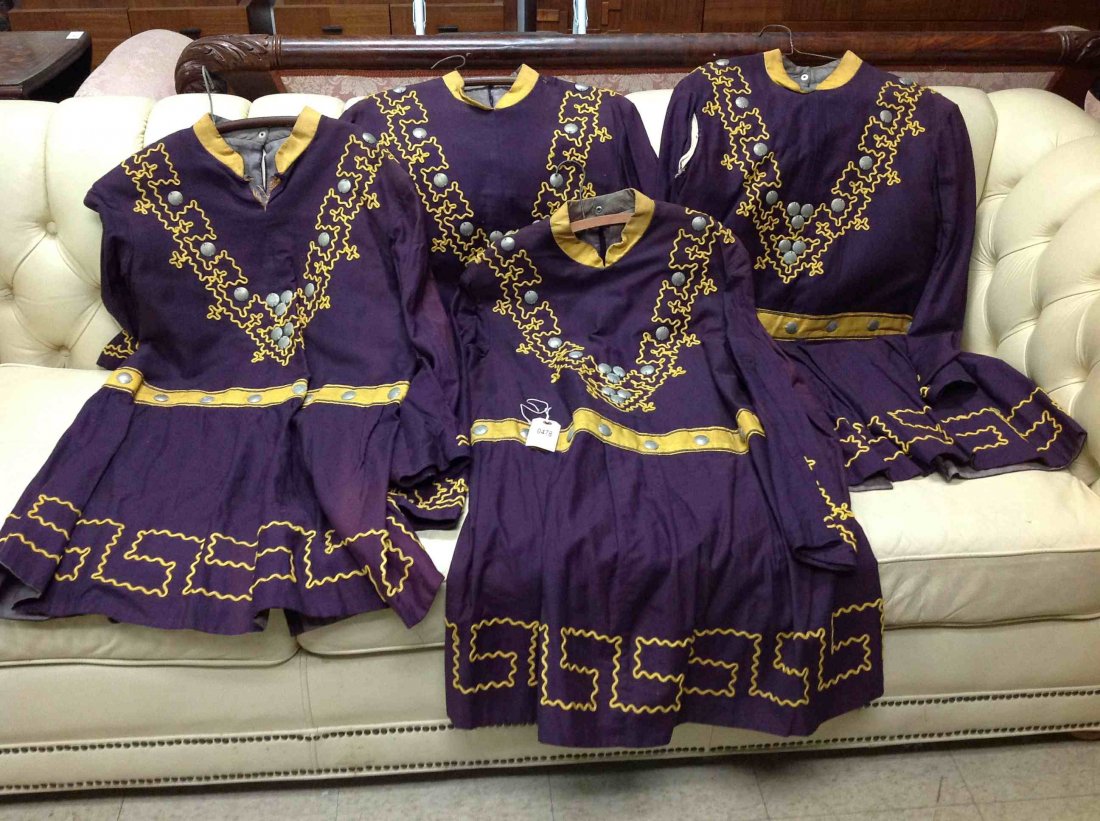 4 ODD FELLOW WATCH UNIFORMS, PURPLE WITH GOLD TRIM AND: 4 ODD FELLOW WATCH UNIFORMS, PURPLE WITH GOLD TRIM AND METAL STUDS, GOOD CONDITION OVER ALL, FROM CLOSED SOUTHERN NEW YORK LODGE