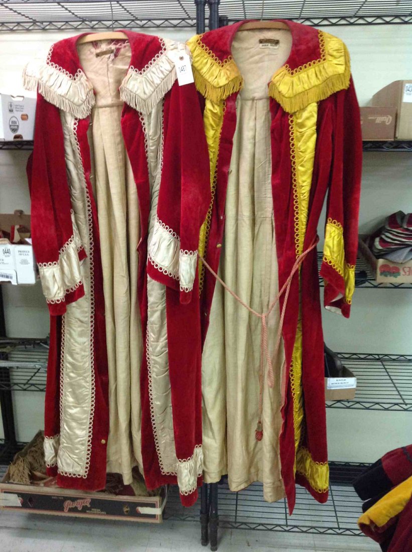 2 ODD FELLOW RED VELVET ROBES, 1 PAST GRAND WITH WHITE: 2 ODD FELLOW RED VELVET ROBES, 1 PAST GRAND WITH WHITE TRIM W/FRINGE, DAMAGE TO NECK, 1 NOBLE GRAND WITH GOLD TRIM AND FRINGE, HAS LIGHT WEAR, FROM CLOSED SOUTHERN NEW YORK LODGE