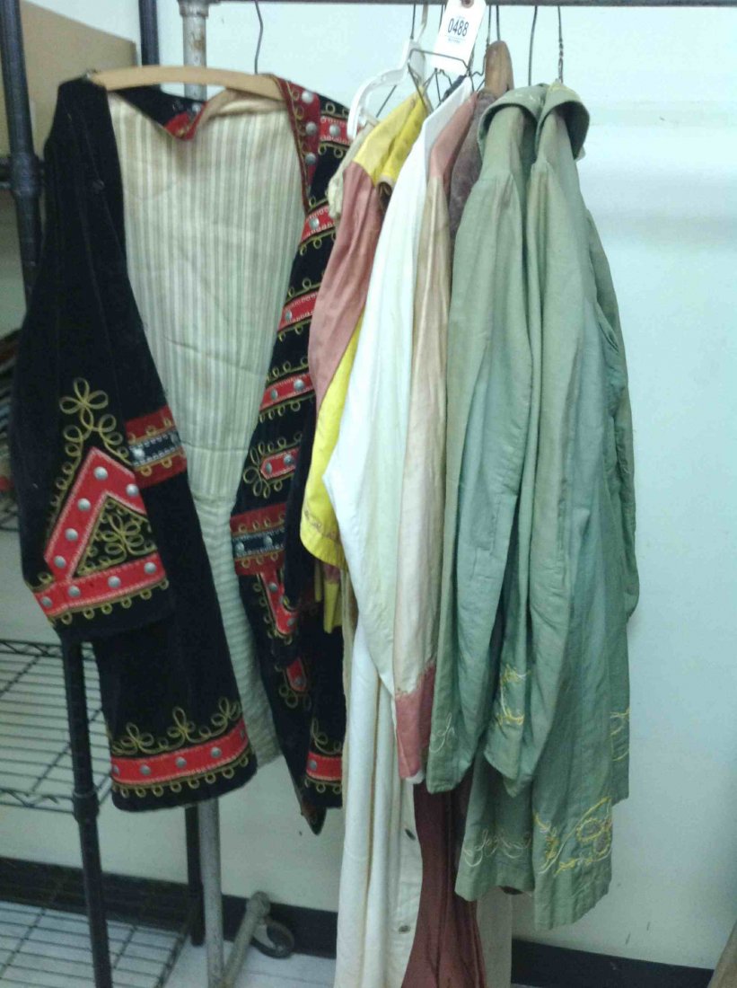 12 ODD FELLOW MIXED PCS CLOTHING, INCLUDING ROBES,: 12 ODD FELLOW MIXED PCS CLOTHING, INCLUDING ROBES, VESTS, PANTS, SHIRTS, SOME FADED, SOME FRAYING, FROM CLOSED SOUTHERN NEW YORK LODGE