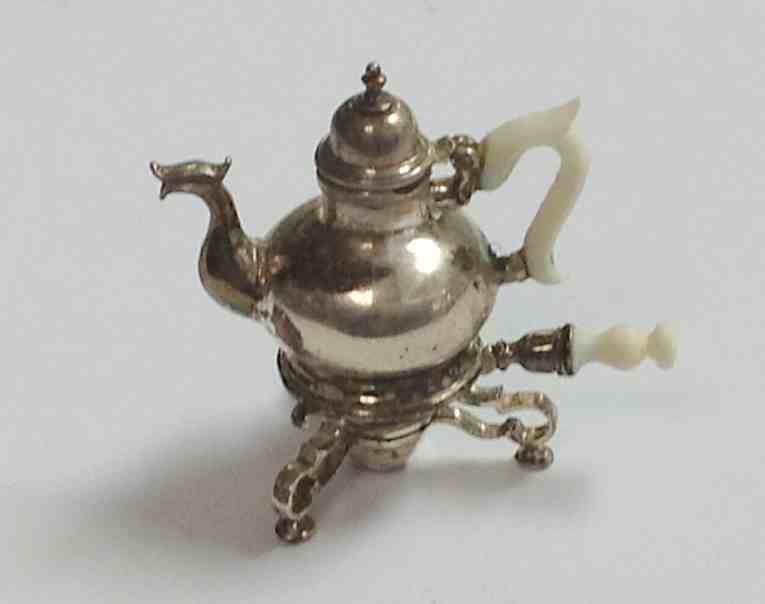 ODADIAH FISHER STERLING MINIATURE HOT WATER KETTLE ON: ODADIAH FISHER STERLING MINIATURE HOT WATER KETTLE ON STAND W/DRAGON SPOUT, FROM PRIVATE COLLECTION
