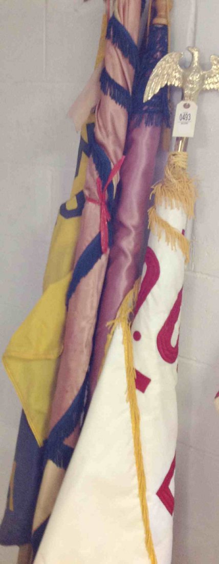 MISC LOT OF 6 FLAGS AND BANNERS, INCLUDING BOYSCOUT AND: MISC LOT OF 6 FLAGS AND BANNERS, INCLUDING BOYSCOUT AND LODGE FLAGS AND 2 SHEPHERDS CROOKS, AS PICTURED