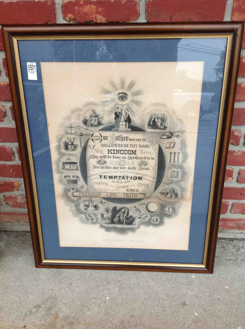 1874 ODD FELLOW FRAMED POSTER EMBLEMATIC PRAYER T C: 1874 ODD FELLOW FRAMED POSTER EMBLEMATIC PRAYER T C FIELDNGS, FRAME MEASURES 25" X 32", AS PICTURED