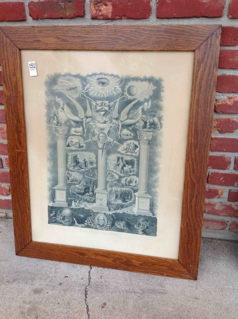 1890 ODD FELLOW FRAMED CERTIFICATE OF ROYAL ARCANUM,: 1890 ODD FELLOW FRAMED CERTIFICATE OF ROYAL ARCANUM, FRAME MEASURES 30" X 29", STAINS, FRAME DAMAGE, AS PICTURED