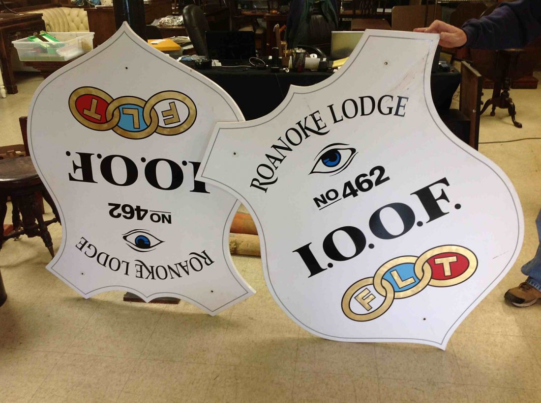 2 CONTEMPORARY ROANOKE ODD FELLOW LODGE #462 SHIELD: 2 CONTEMPORARY ROANOKE ODD FELLOW LODGE #462 SHIELD SHAPED SIGNS, MEASURE 47" X 39", AS PICTURED