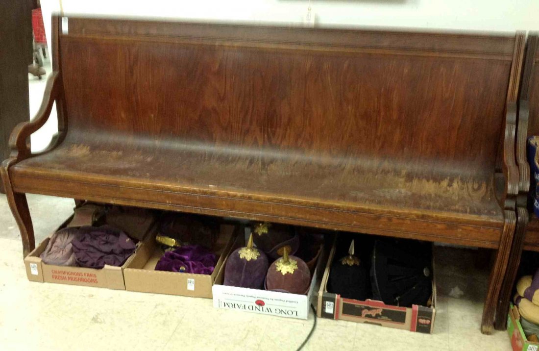 WOODEN BENCH FROM ODD FELLOW LODGE, MEASURES 74" LONG X: WOODEN BENCH FROM ODD FELLOW LODGE, MEASURES 74" LONG X 36 1/2" TALL X 19" DEEP, AS PICTURED