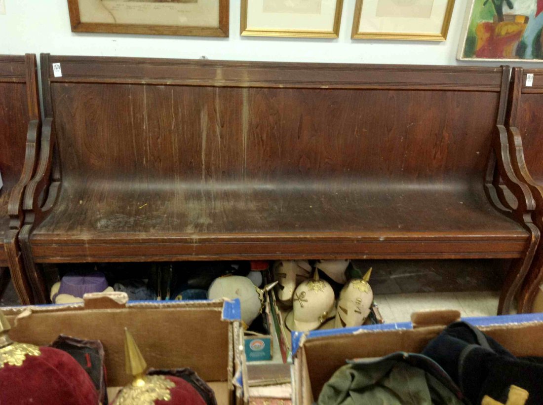 WOODEN BENCH FROM ODD FELLOW LODGE, MEASURES 74" LONG X: WOODEN BENCH FROM ODD FELLOW LODGE, MEASURES 74" LONG X 36 1/2" TALL X 19" DEEP, AS PICTURED