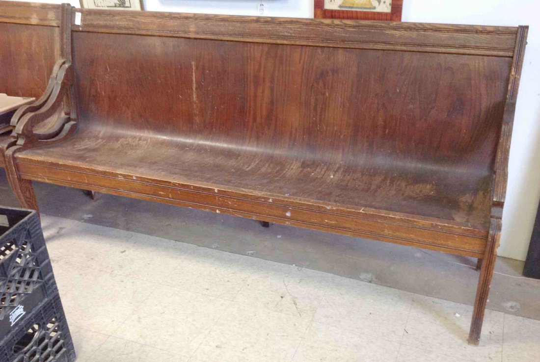 WOODEN BENCH FROM ODD FELLOW LODGE, MEASURES 74" LONG X: WOODEN BENCH FROM ODD FELLOW LODGE, MEASURES 74" LONG X 36 1/2" TALL X 19" DEEP, HAS SOME DAMAGE ON BOTTOM OF 1 BACK LEG, AS PICTURED