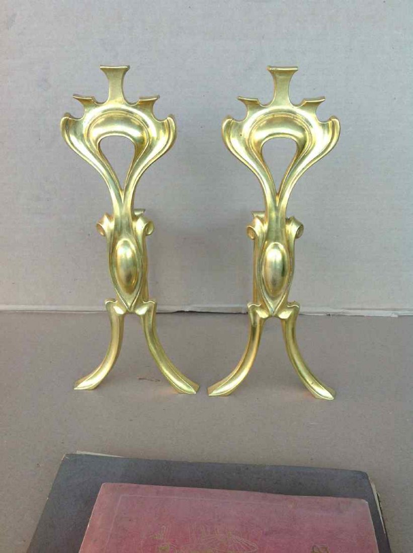 PAIR SMALL DECORATIVE BRASS ANDIRONS, SIGNED R E & S.: PAIR SMALL DECORATIVE BRASS ANDIRONS, SIGNED R E & S. MEASURE 17" HIGH.