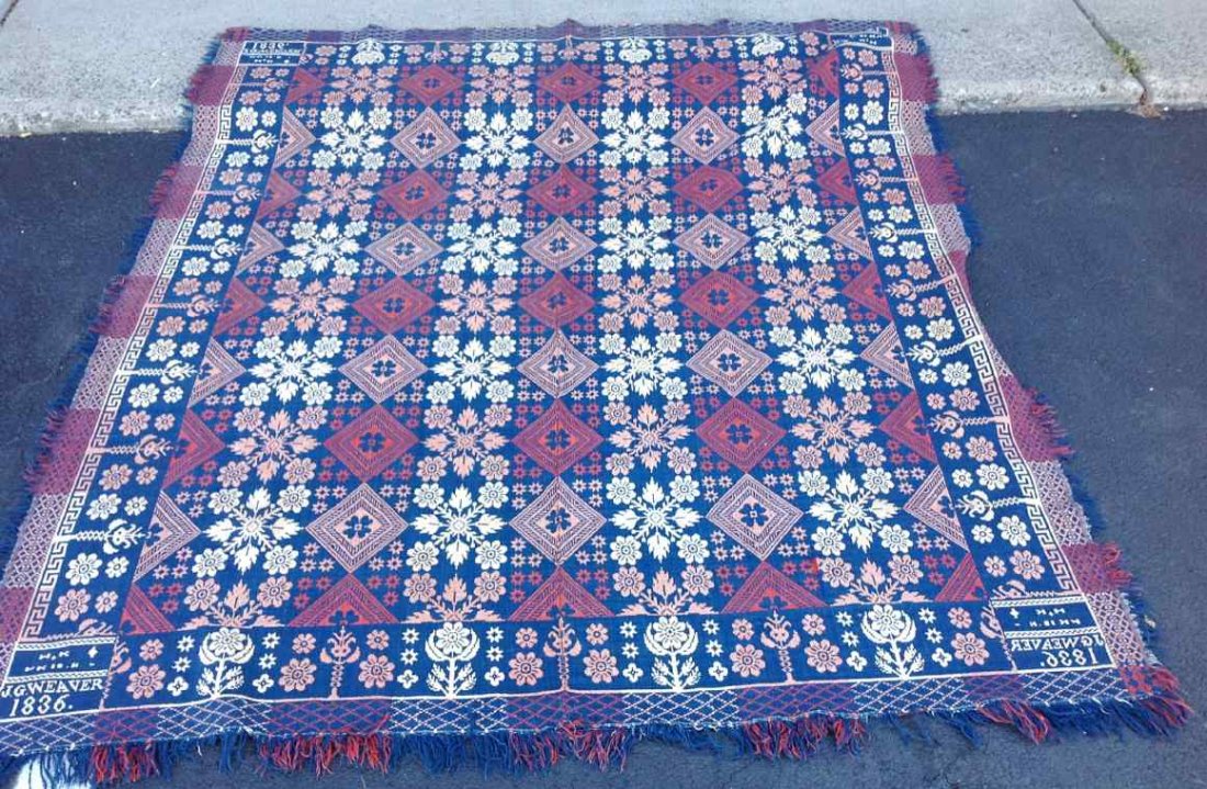 1836 3 COLOR COVERLET SIGNED J G WEAVER IN ALL 4: 1836 3 COLOR COVERLET SIGNED J G WEAVER IN ALL 4 CORNERS, OVERALL NICE CONDITION. MEASURES 88" X 80".