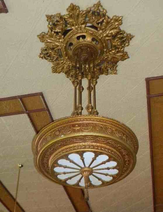 FANTASTIC HUGE DECORATIVE HANGING LIGHT FIXTURE, FROM: FANTASTIC HUGE DECORATIVE HANGING LIGHT FIXTURE, FROM 1890'S SYNAGOGUE, IN KINGSTON, NEW YORKS RONDOUT SECTION. IT IS GESSO, AND RETAINS ORIGINAL GILT. WAS ORIGINALLY A GAS FIXTURE, AND IN WONDERFUL C