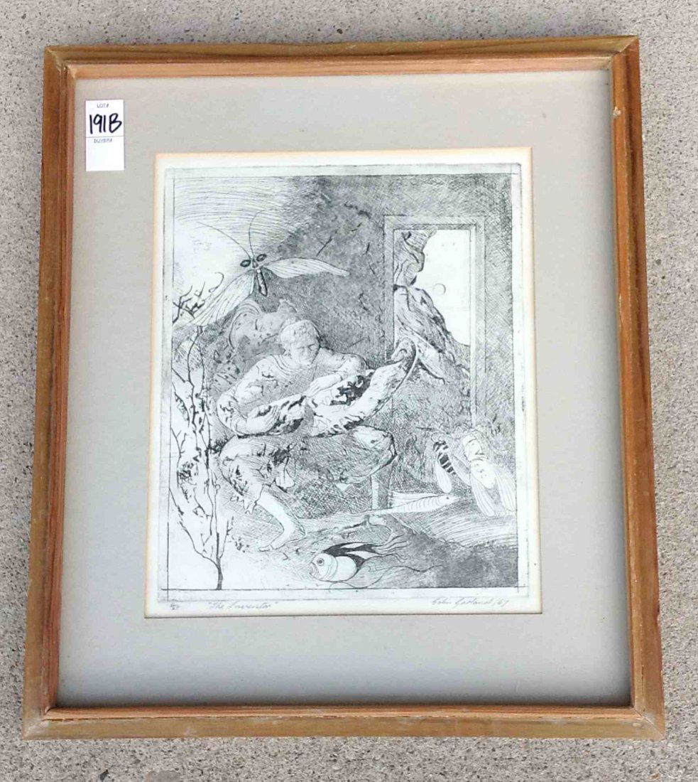 COLIN GARLAND 1967 PRINT TITLED THE INVENTOR, 2 OF 25.: COLIN GARLAND 1967 PRINT TITLED THE INVENTOR, 2 OF 25. IN FRAME OF THE PERIOD, MEASURES 13" X 10 1/2".