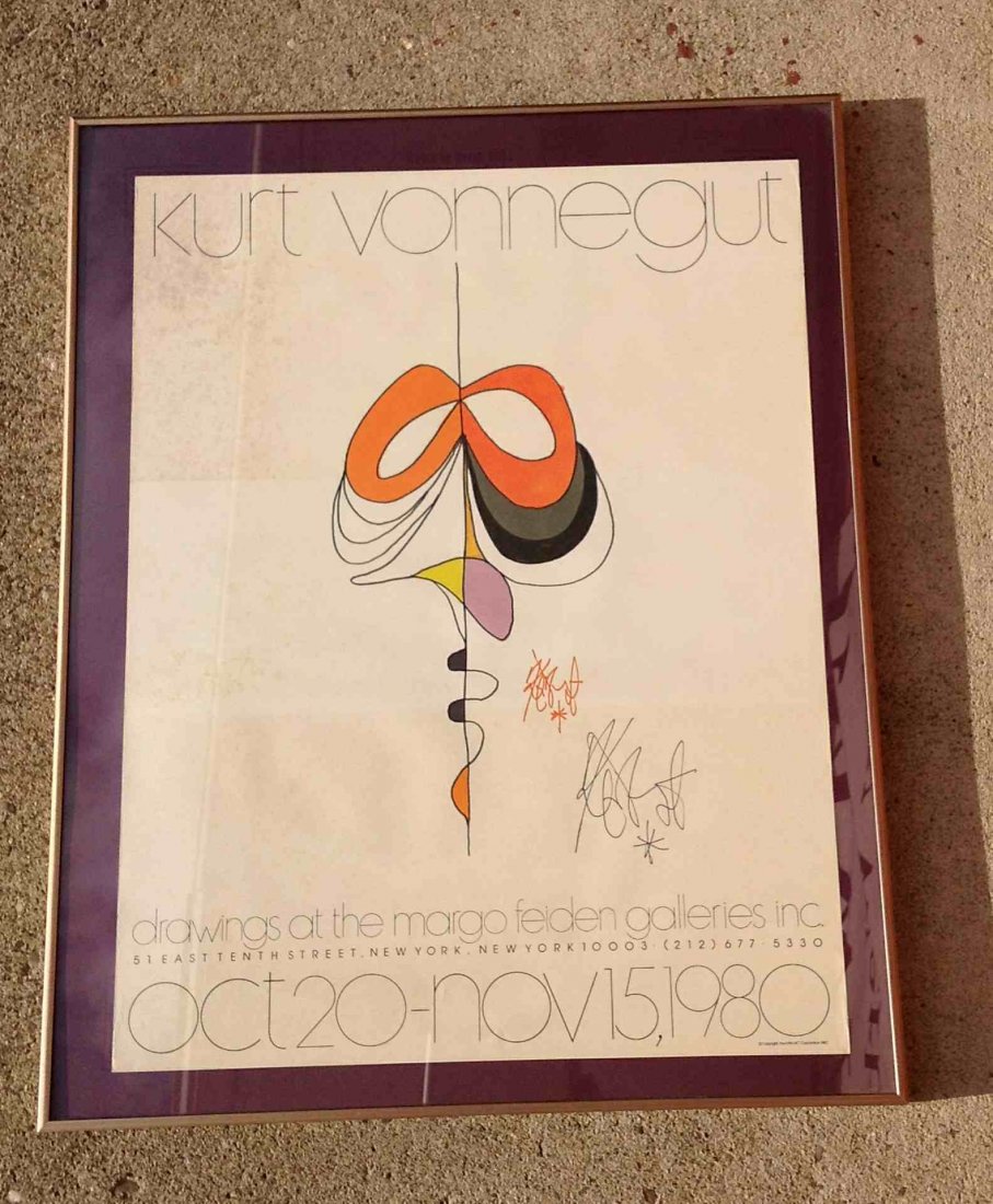 KURT VONNEGUT SIGNED 1980 GALLERY POSTER, FRAME: KURT VONNEGUT SIGNED 1980 GALLERY POSTER, FRAME MEASURES 28 1/2" X 22 1/2". NICE CONDITION. SIGNED BY KURT VONNEGUT. Original 19" x 24" rolled poster for an exhibition of Vonnegut's drawings that was 