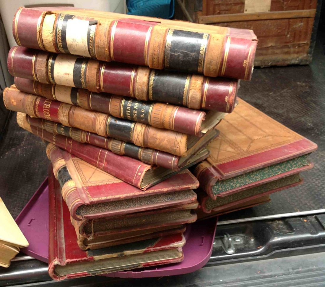 LOT OF ODD FELLOW 19TH C LEDGERS & RECORD BOOKS: LOT OF ODD FELLOW 19TH CENTURY LEDGERS AND RECORD BOOKS FROM SAUGERTIES NY LODGE, AS PICTURED