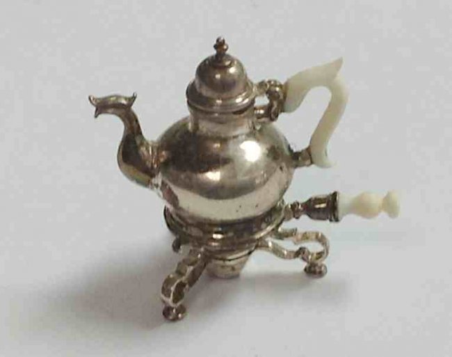 ODADIAH FISHER STERLING MINIATURE HOT WATER KETTLE ON: ODADIAH FISHER STERLING MINIATURE HOT WATER KETTLE ON STAND W/DRAGON SPOUT, FROM PRIVATE COLLECTION