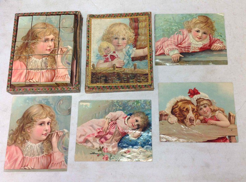 WONDERFUL VICTORIAN LITHO BLOCK PUZZLE OF PRETTY GIRLS,: WONDERFUL VICTORIAN LITHO BLOCK PUZZLE OF PRETTY GIRLS, IN ORIGINAL BOX, WITH HARD TO FIND 4 LITHO PICTURES OF THE PUZZLES. NICE OVERALL CONDITION, BOX EDGES HAVE SOME TATTERING, PUZZLE MEASURES 8 1/2