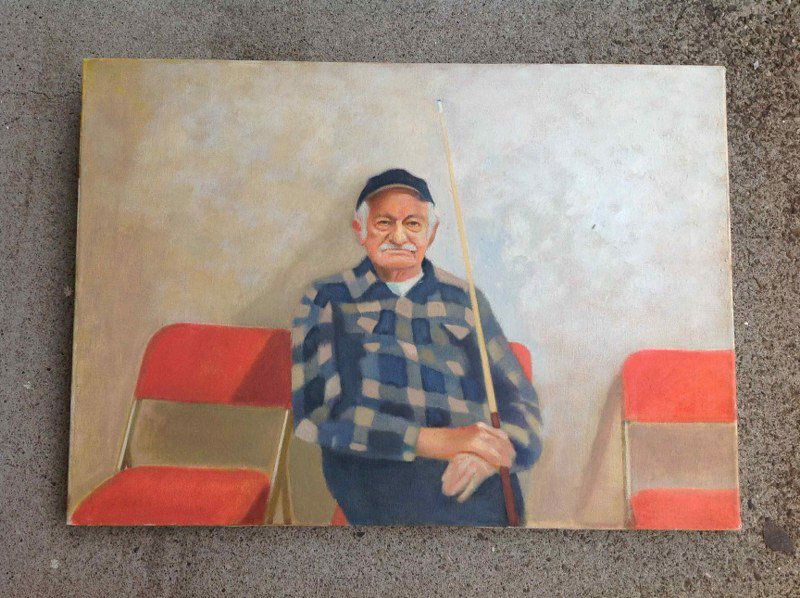 CONTEMPORARY O/C OLDER MAN HOLDING POOL CUE, UNSIGNED,: CONTEMPORARY O/C OLDER MAN HOLDING POOL CUE, UNSIGNED, MEASURES 17" X 24". CIRCA 1980'S….