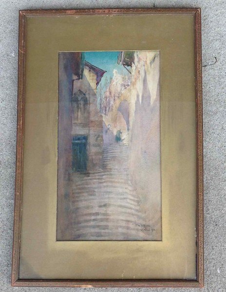 GEORGE AMES ALDRICH W/C 1904 WOMAN WALKING UP STEPS: GEORGE AMES ALDRICH W/C 1904 WOMAN WALKING UP STEPS BETWEEN BUILDINGS, INSCRIBED TO MY FRIEND SDH. PAINTING MEASURES 16" X 9".
