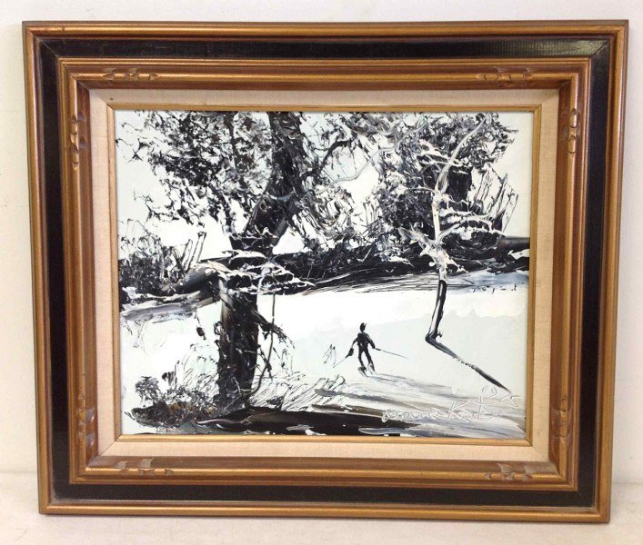 MORRIS KATZ 1975 IMPRESSIONIST O/B WINTER LANDSCAPE: MORRIS KATZ 1975 IMPRESSIONIST O/B WINTER LANDSCAPE WITH SKIER, MEASURES 18" X 20", AS PICTURED