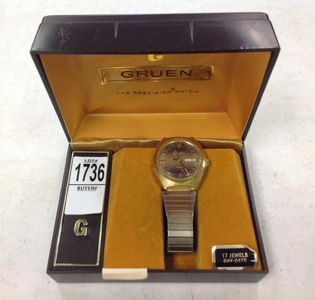 MEN'S GRUEN 1970'S WRISTWATCH IN CASE. FROM LOCAL: MEN'S GRUEN 1970'S WRISTWATCH IN CASE. FROM LOCAL ESTATE, 17 JEWELS, DAY-DATE. RUNNING…….