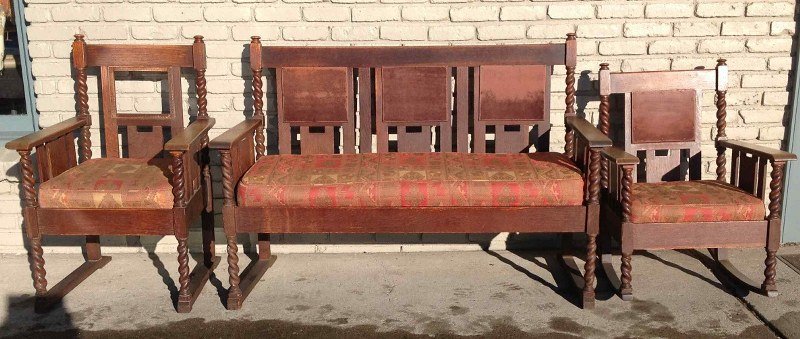 STICKLEY BROS QUAINT FURNITURE 3 PC MISSION PARLOR SET,: STICKLEY BROS QUAINT FURNITURE 3 PC MISSION PARLOR SET, ORIGINAL WORN FINISH, CANING OFF BACK PANELS, LABEL AND STAMPED MARK ON BOTTOMS, AS PICTURED