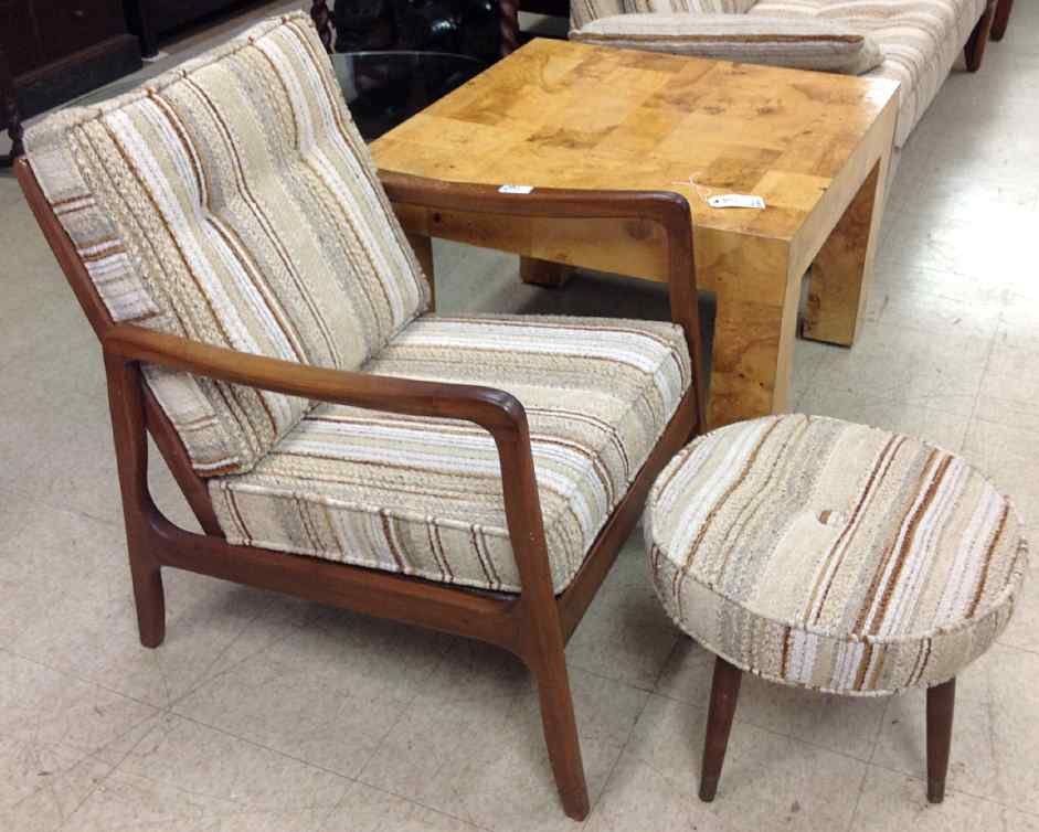 DANISH MODERN ARMCHAIR WITH ADDITIONAL ROUND FOOTSTOOL,: DANISH MODERN ARMCHAIR WITH ADDITIONAL ROUND FOOTSTOOL, SOME WEAR TO FINISH ON ARMS, AS PICTURED