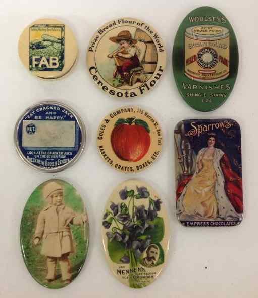 (7) POCKET MIRRORS & TAPE MEASURE INCL. CRACKER JACK,: (7) POCKET MIRRORS & TAPE MEASURE INCL. CRACKER JACK, CERESOTA FLOUR, COLES & COMPANY, MENNEN'S SPARROW'S EMPRESS CHOCOLATES, WOOLSEY'S VARNISHES, ONE WITH A CHILD, AND THE FAB TAPE MEASURE (TAPE IS I