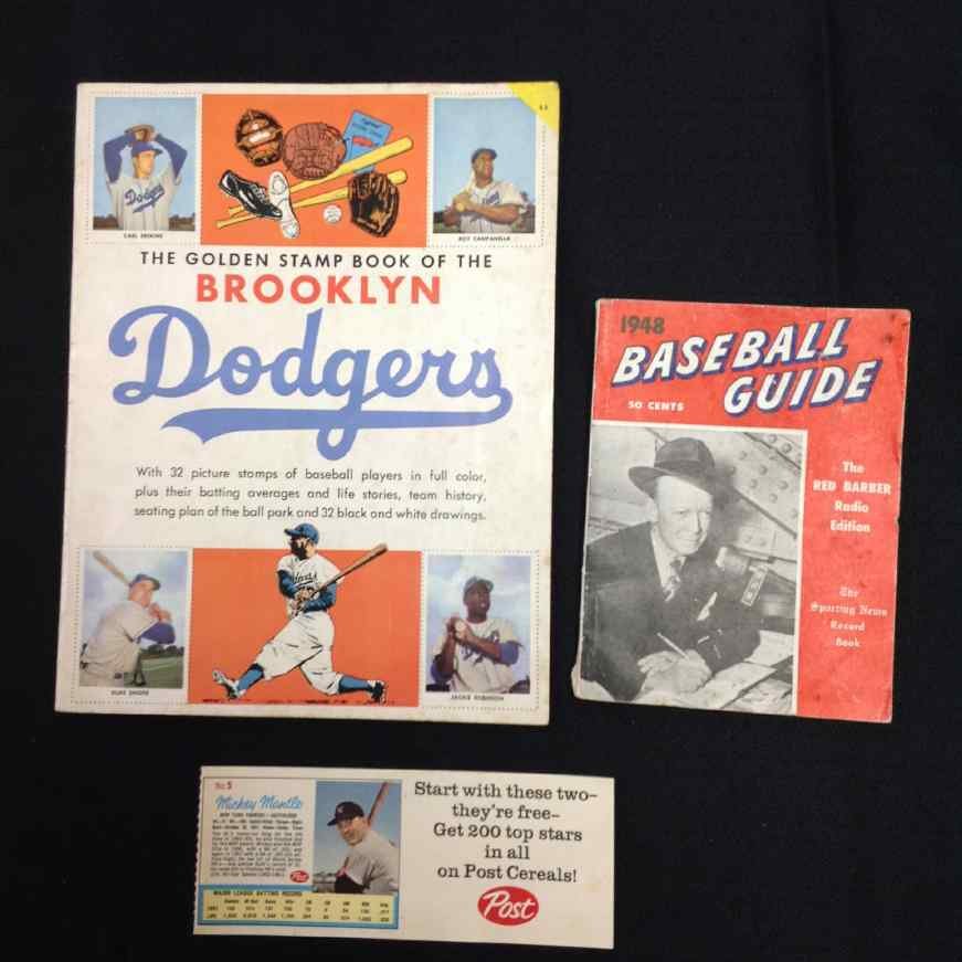 3 PC. BASEBALL LOT BROOKLYN DODGERS 1955 STAMP BOOK,: 3 PC. BASEBALL LOT BROOKLYN DODGERS 1955 STAMP BOOK, 1948 BASEBALL GUIDE & POST CEREAL CARD WITH MANTLE & MARIS.