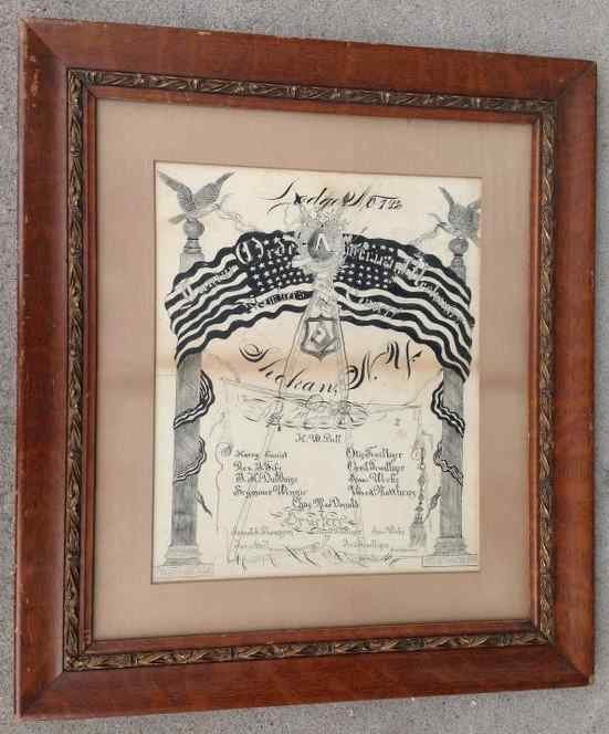 ORIGINAL PEN & INK CERTIFICATE FOR THE JUNIOR ORDER OF: ORIGINAL PEN & INK CERTIFICATE FOR THE JUNIOR ORDER OF AMERICAN MECHANICS ( JOAUM ), 1903, IN PERIOD FRAME, LODGE #732, FRAME MEASURES 29" X 25 1/2" AS PICTURED