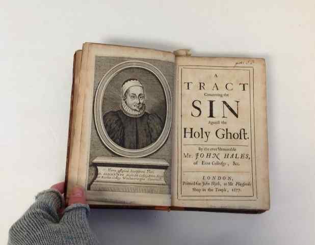 BOOK- A TRACT CONCERNING THE SIN AGAINST THE HOLY: BOOK- A TRACT CONCERNING THE SIN AGAINST THE HOLY GHOST, BY JOHN HALES, 1677, LEATHER, COVER AND SPINE HAVE WEAR, AS PICTURED
