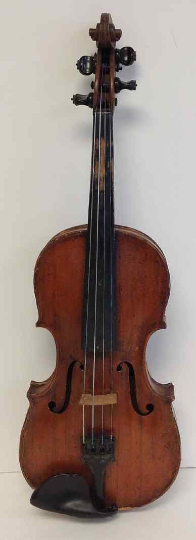 EARLY VIOLIN IN CASE, UNMARKED, WRITTEN IN PENCIL: EARLY VIOLIN IN CASE, UNMARKED, WRITTEN IN PENCIL INSIDE IS "REPAIRED 1884", MEASURES 23 1/2" TOP TO BOTTOM. HAS 2 BOWS, ONE WITH TAPE, AND OLDER CASE.