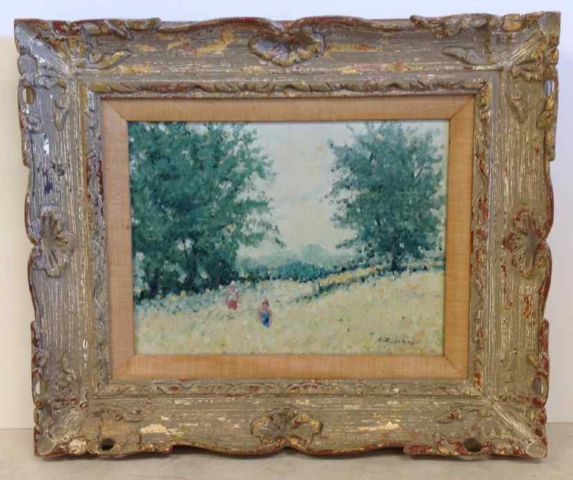 ANDRE GISSON O/C IMPRESSIONIST LANDSCAPE WITH 2: ANDRE GISSON O/C IMPRESSIONIST LANDSCAPE WITH 2 FIGURES, NICE DECORATIVE FRAME, SIGNED LOWER RIGHT, CANVAS MEASURES 9 1/4" X 12".