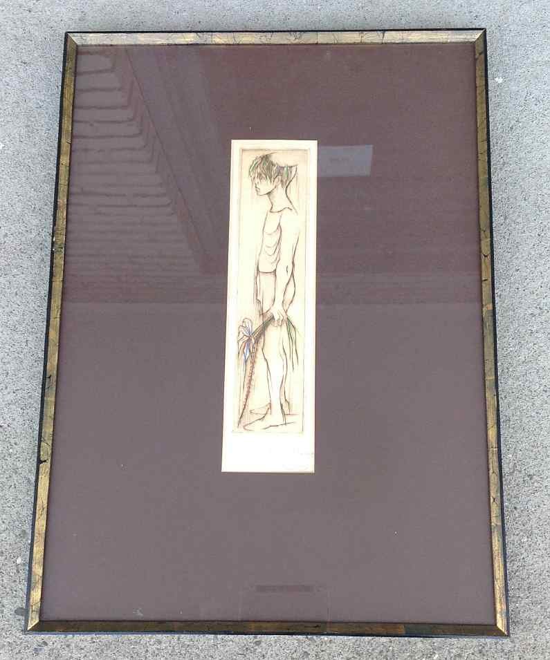 MOSHE GAT SIGNED WOODBLOCK PRINT, YOUNG MAN HOLDING: MOSHE GAT SIGNED WOODBLOCK PRINT, YOUNG MAN HOLDING FLOWERS, TITLED AS PICTURED. 1958. FRAME MEASURES 27 1/2" X 20".