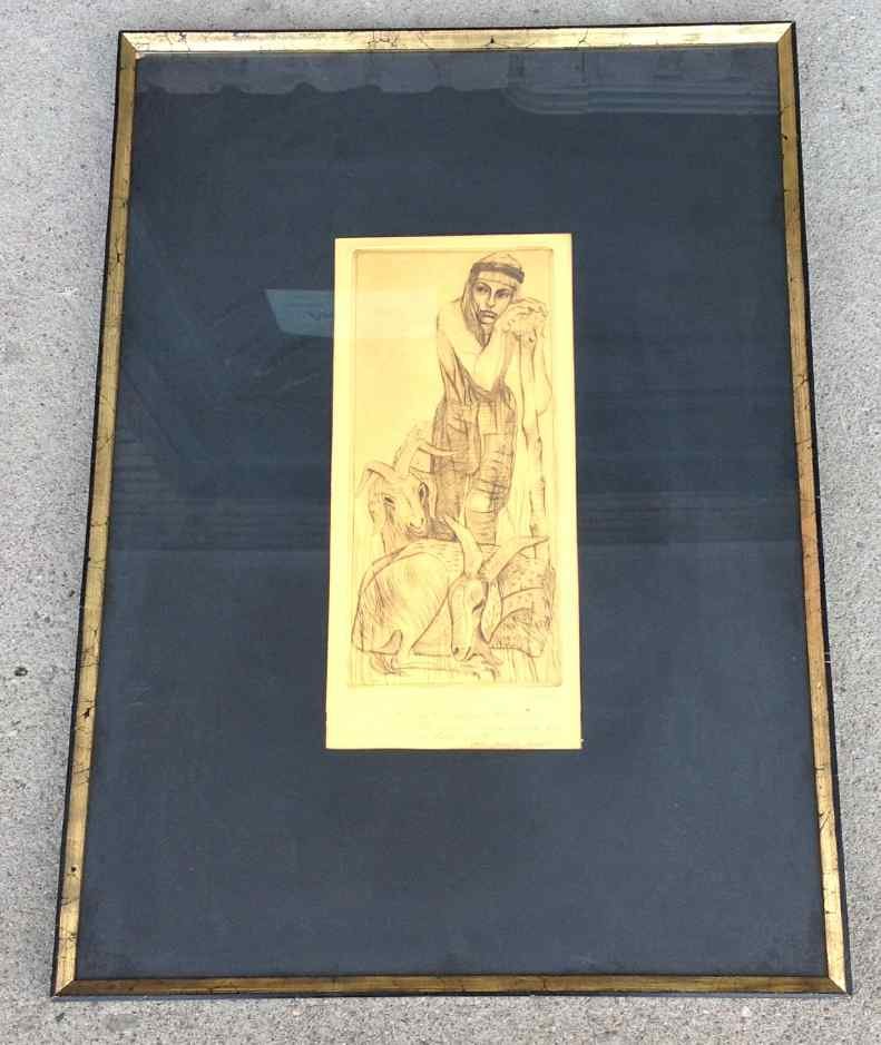 MOSHE GAT SIGNED WOODBLOCK MAN WITH GOATS, MEXICO,: MOSHE GAT SIGNED WOODBLOCK MAN WITH GOATS, MEXICO, 1958. TITLED AS PICTURED, FRAME MEASURES 27 1/2" X 20".